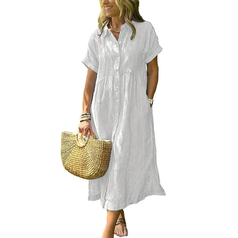 HERGLW The Breezy Stripe Midi Dress – Breathable Cotton with Pockets