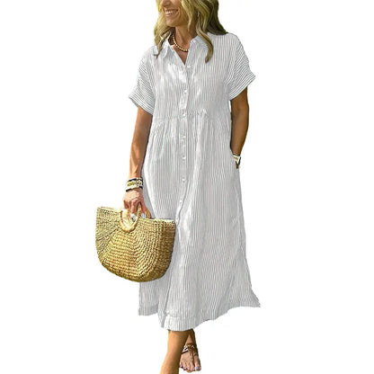 HERGLW The Breezy Stripe Midi Dress – Breathable Cotton with Pockets