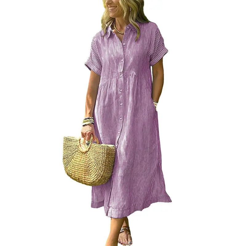HERGLW The Breezy Stripe Midi Dress – Breathable Cotton with Pockets
