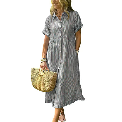 HERGLW The Breezy Stripe Midi Dress – Breathable Cotton with Pockets