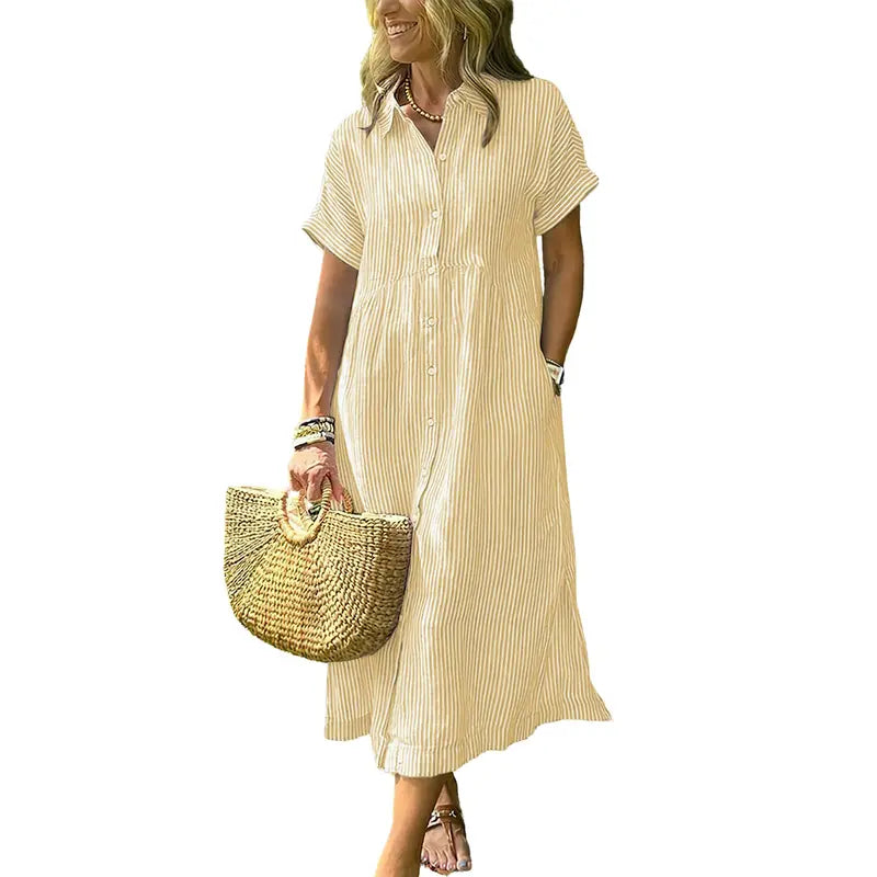 HERGLW The Breezy Stripe Midi Dress – Breathable Cotton with Pockets