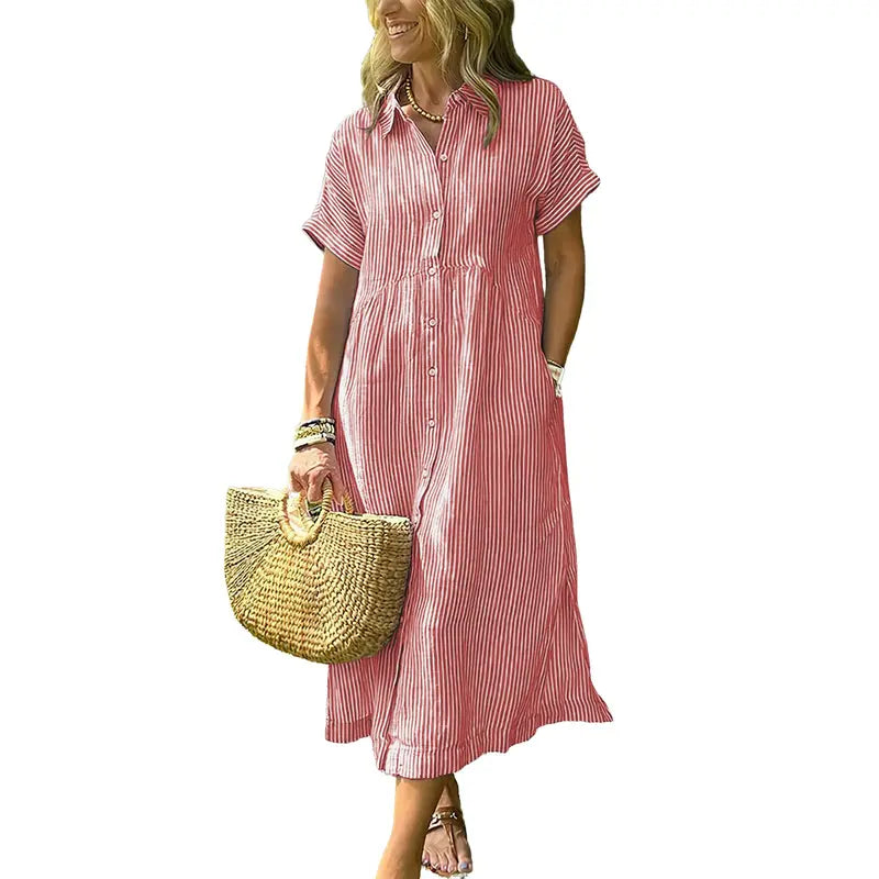 HERGLW The Breezy Stripe Midi Dress – Breathable Cotton with Pockets