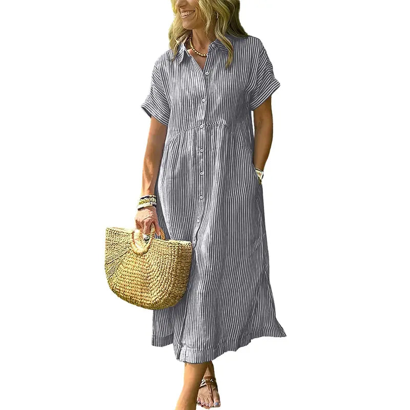 HERGLW The Breezy Stripe Midi Dress – Breathable Cotton with Pockets
