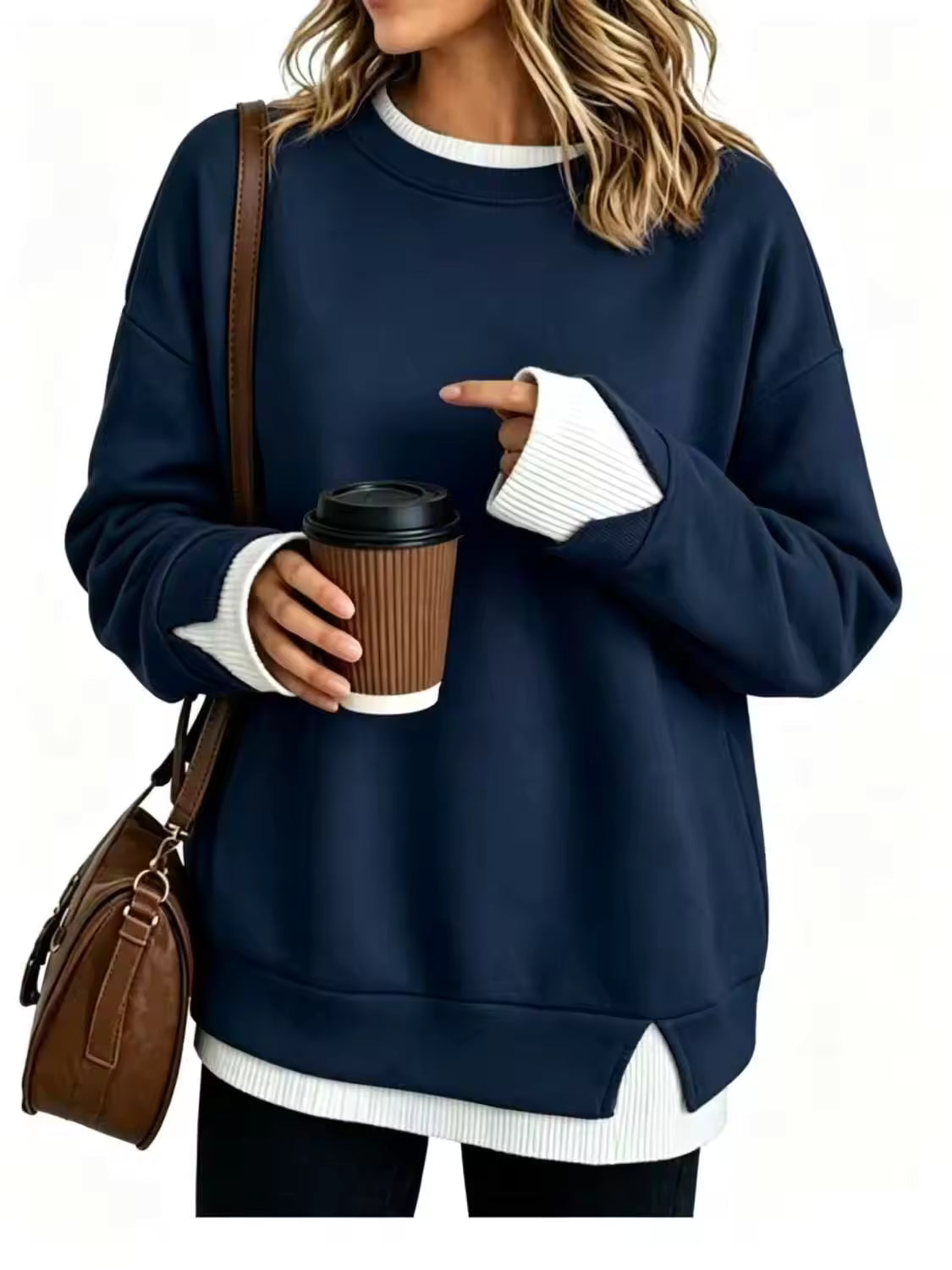 Oversized Layered Crew Neck Sweatshirt: Soft French Terry