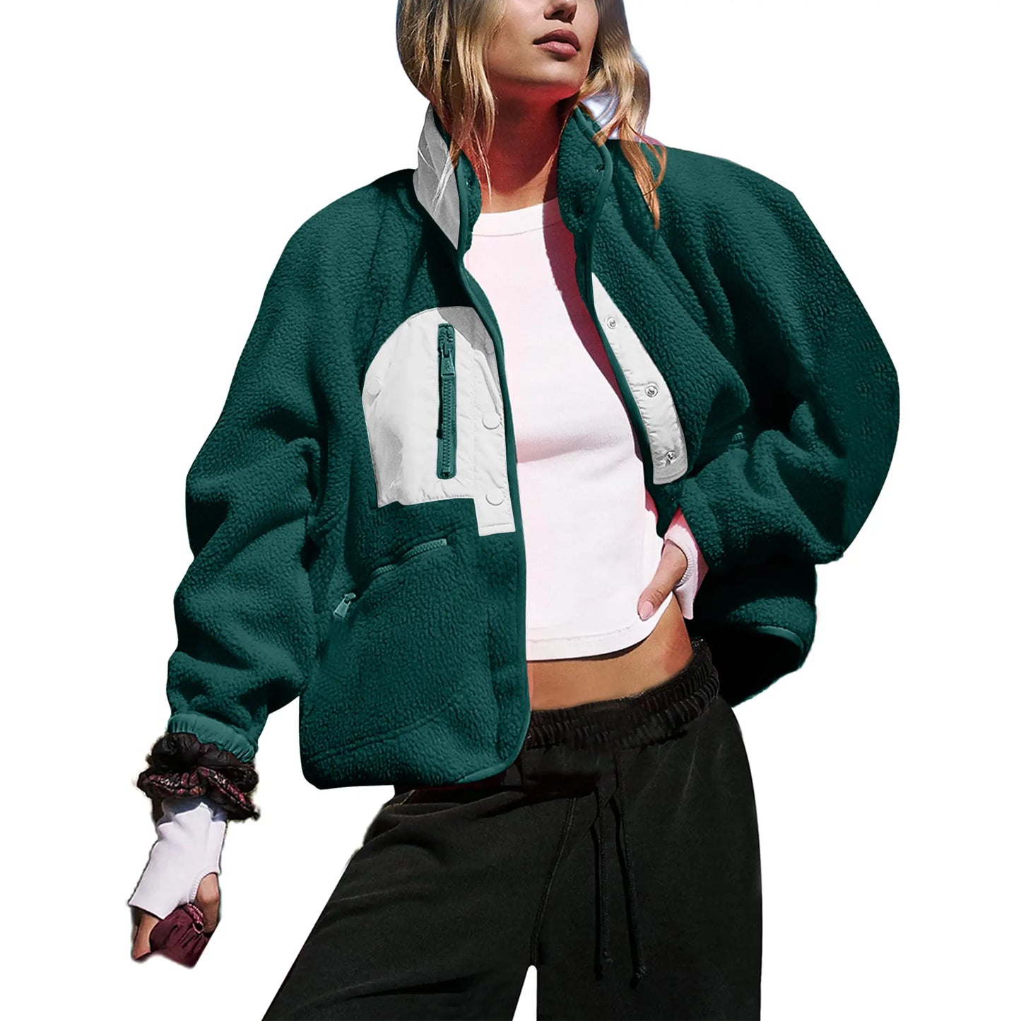 Cropped Lined Button-Down Fleece Shacket - HERGLW