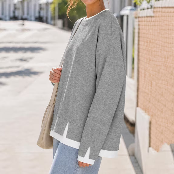 Oversized Layered Crew Neck Sweatshirt: Soft French Terry
