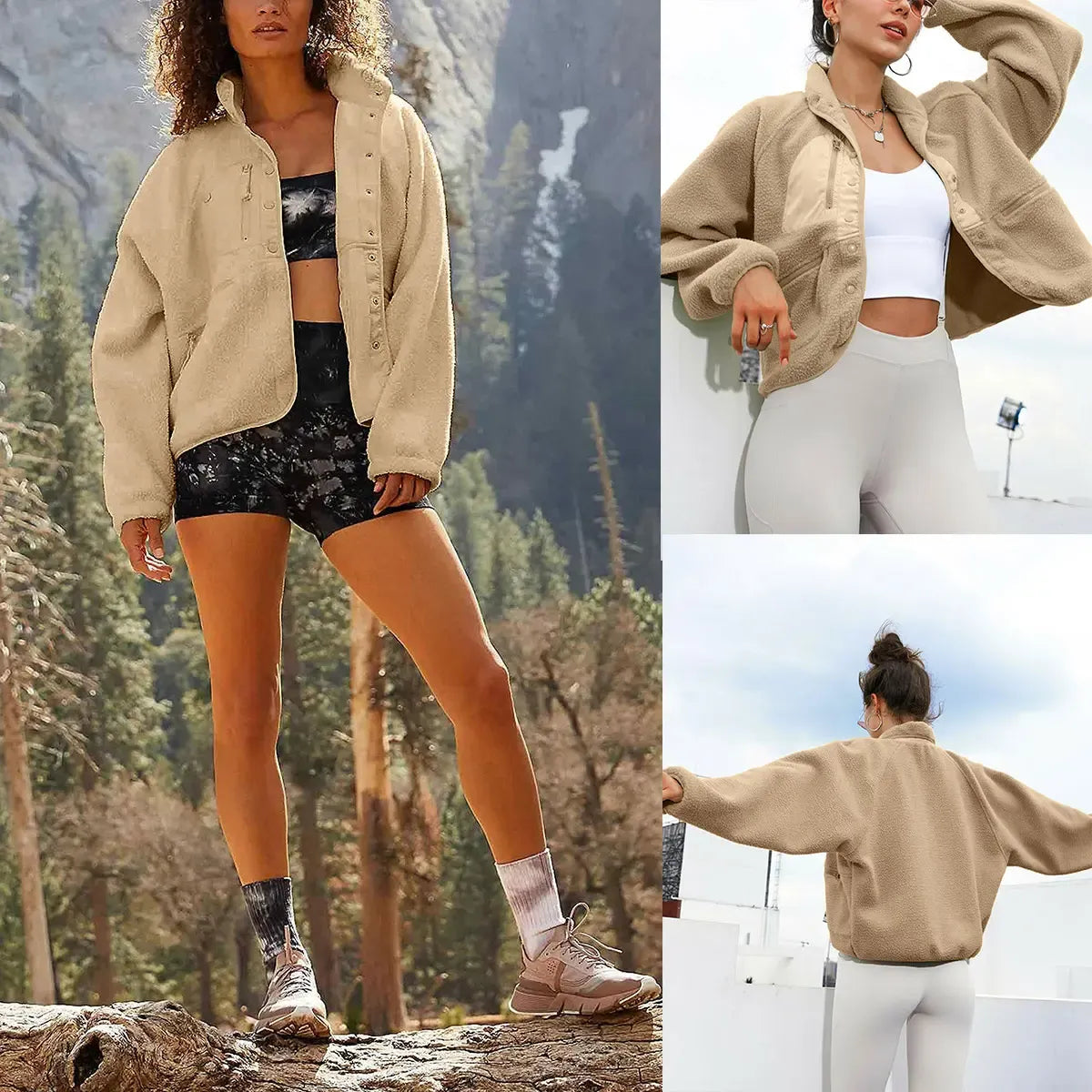 Cropped Lined Button-Down Fleece Shacket - HERGLW