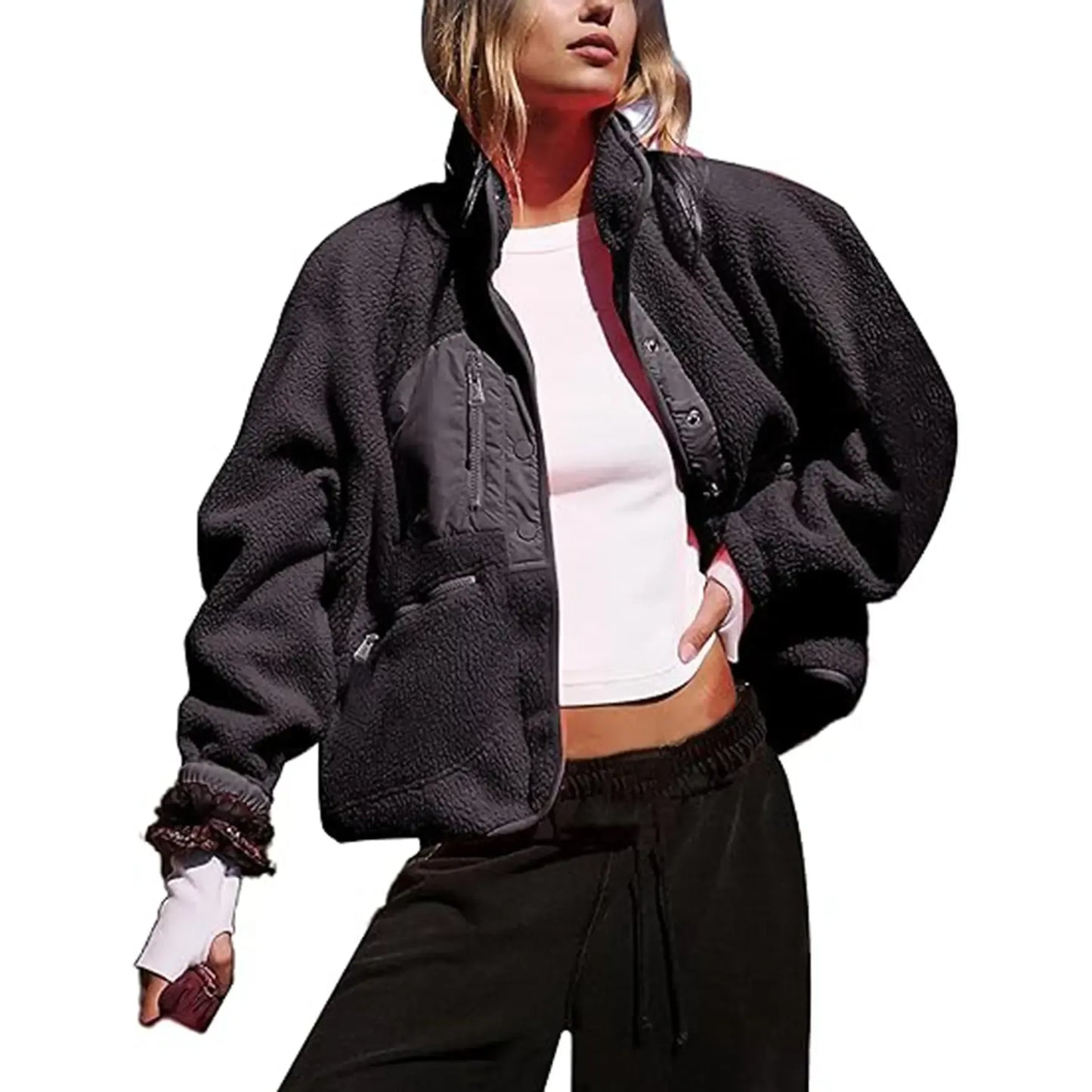 Cropped Lined Button-Down Fleece Shacket - HERGLW