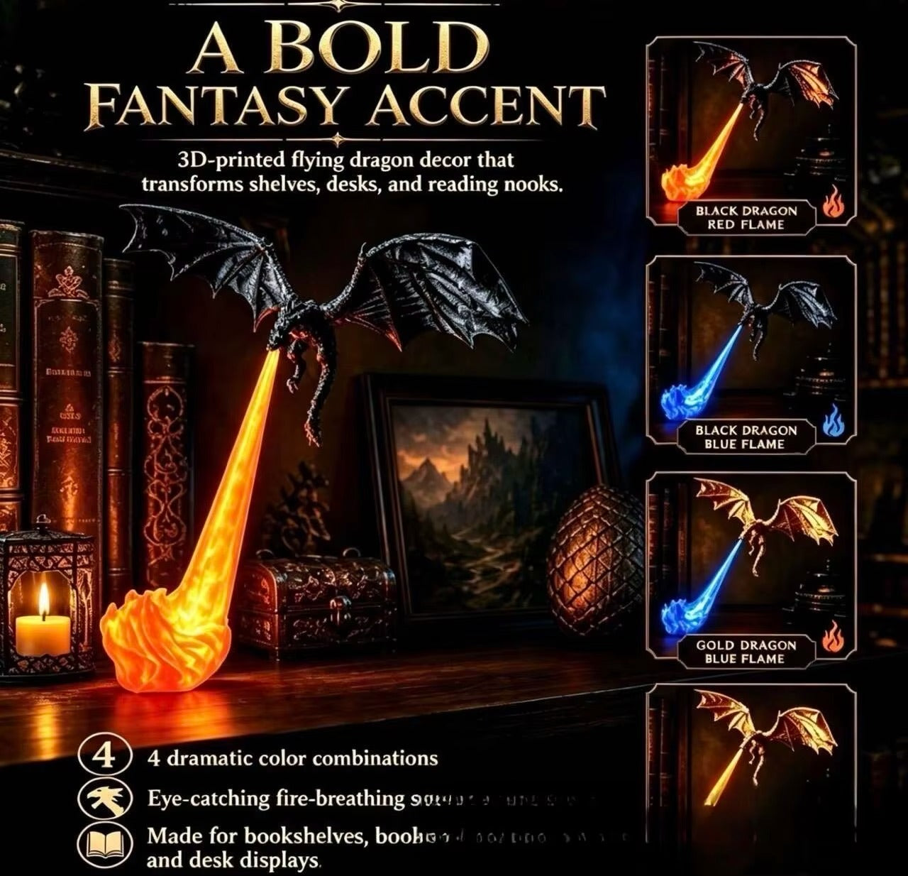 3D Printed Dragon Flame Lamp - LED Fantasy Desk Decor