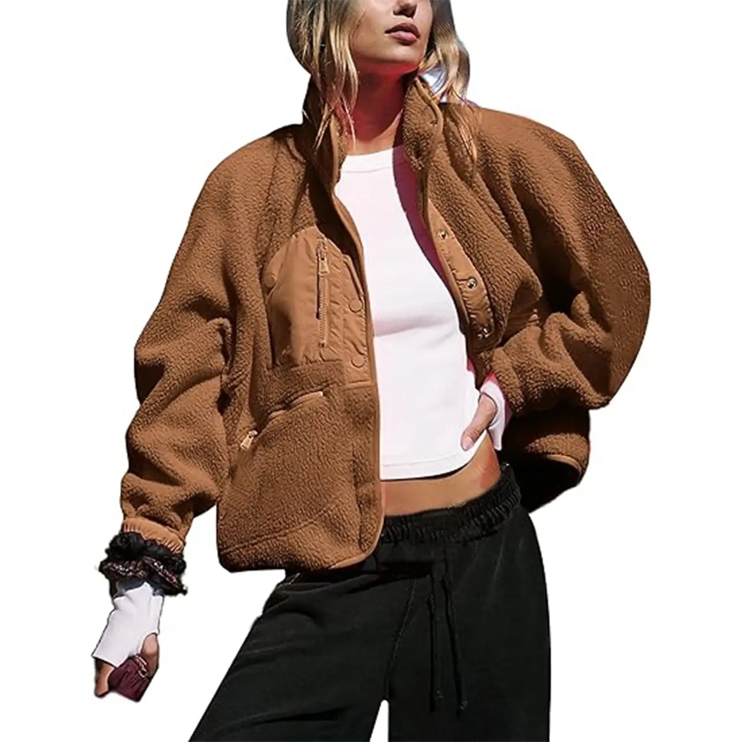 Cropped Lined Button-Down Fleece Shacket - HERGLW