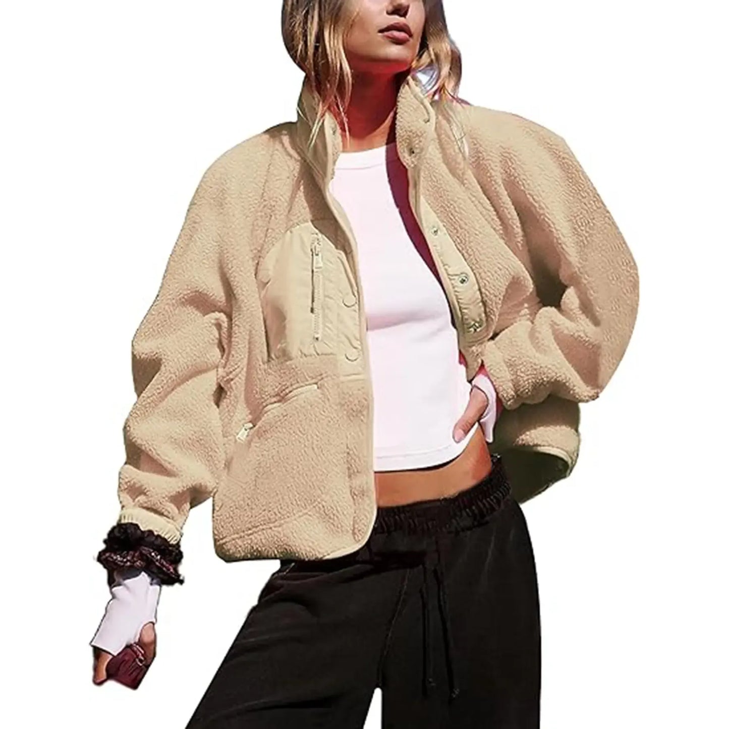 Cropped Lined Button-Down Fleece Shacket - HERGLW
