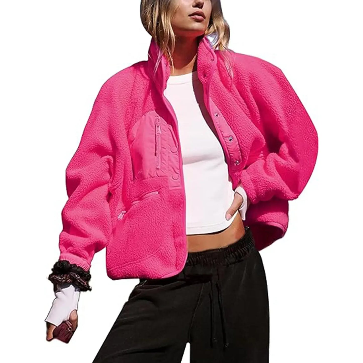 Cropped Lined Button-Down Fleece Shacket - HERGLW