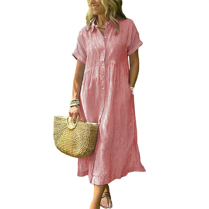 HERGLW The Breezy Stripe Midi Dress – Breathable Cotton with Pockets