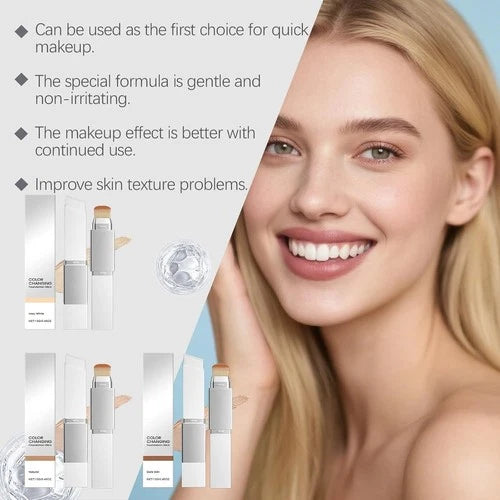 Color-Changing Foundation Stick with Built-In Brush - Full Coverage Cream Base